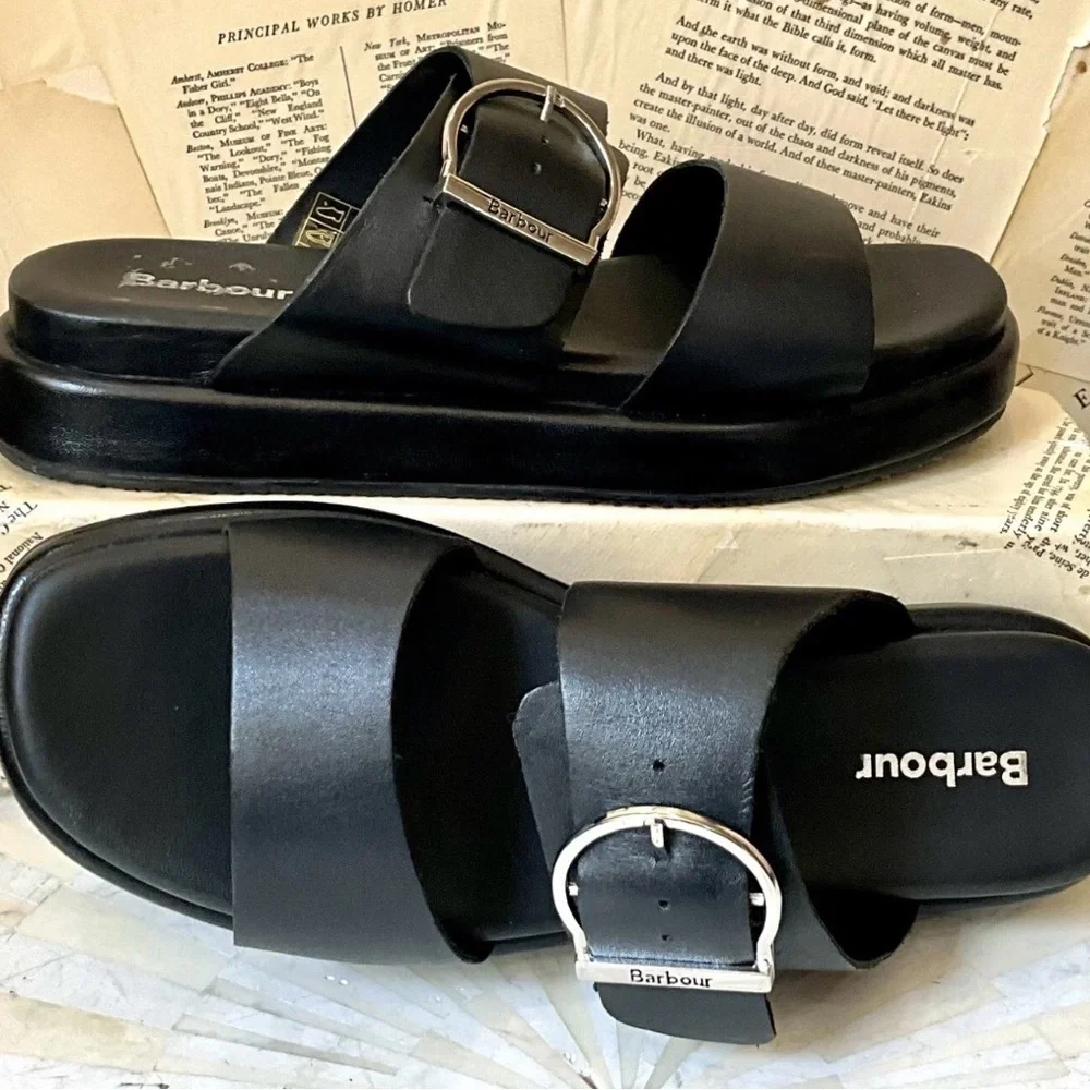 Free People Barbour Adele Sandals Black Platform Slip On Buckle Black - Picture 10 of 10